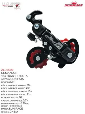 ALU.2029 Desviador trasero ruta, sistema con pata modelo M2T, compatible con cadenas de 6/7p. Color negro/rojo, peso aproximado 270g.