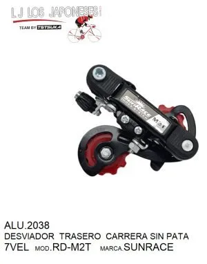 ALU.2038 Desviador trasero ruta, sistema sin pata modelo M2T, compatible con cadenas de 6/7p. Color negro/rojo, peso aproximado 245g.