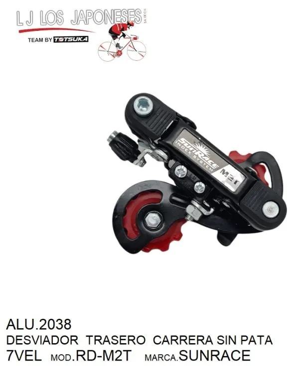 Desviador trasero ruta, sistema sin pata modelo M2T, compatible con cadenas de 6/7p. Color negro/rojo, peso aproximado 245g.
