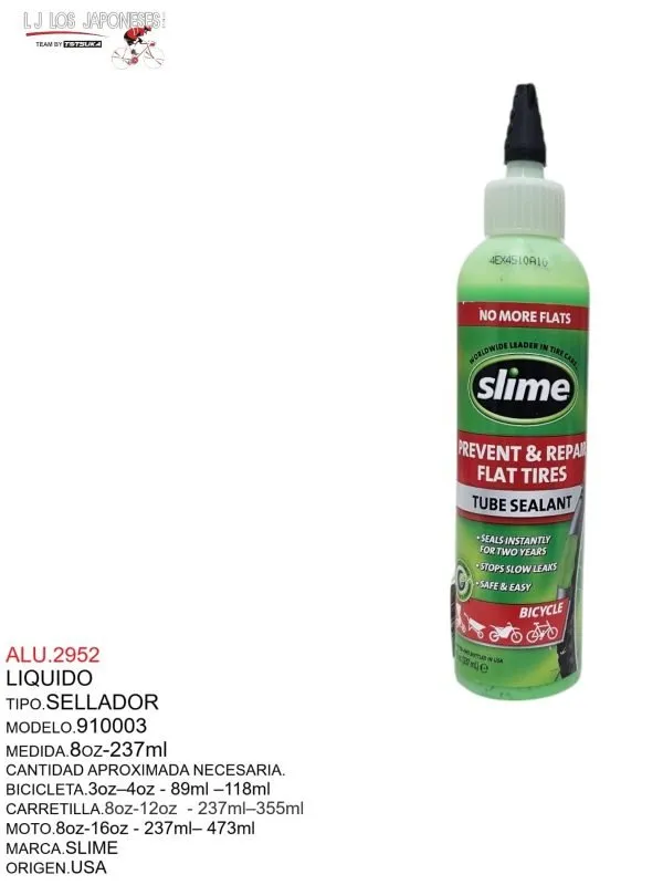 Sellador de llantas marca Slime, modelo 910003. Capacidad de 237 ml, ideal para bicicletas, motos y carretillas. Previene y repara pinchaduras.
