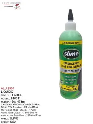 ALU.2954 Sellador de llantas marca Slime, modelo 910011. Capacidad de 473 ml, adecuado para autos, motos y bicicletas. Repara instantáneamente y es seguro para sensores de llanta.