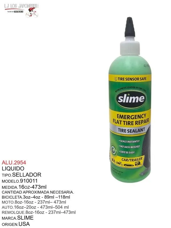 ALU.2954 Sellador de llantas marca Slime, modelo 910011. Capacidad de 473 ml, adecuado para autos, motos y bicicletas. Repara instantáneamente y es seguro para sensores de llanta.