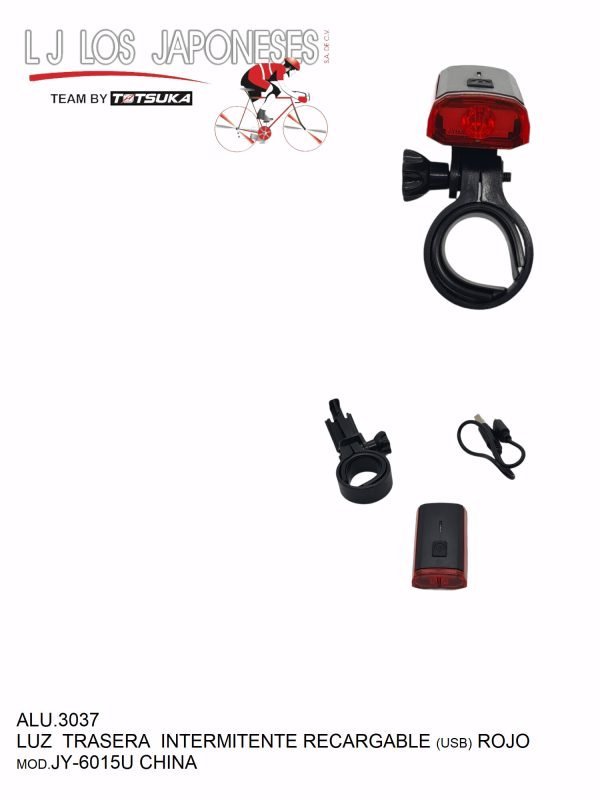 ALU.3037 LUZ TRASERA INTERMITENTE JY-6015U RECARGABLE USB JINGYI ROJO