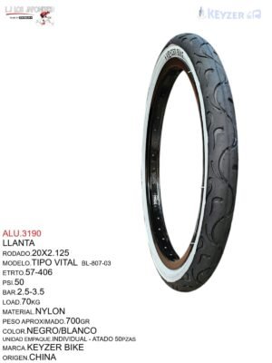 LLANTA 20X2.125 NEGRO/BLANCO TIPO VITAL PQ-807 TOTSUKA CHINA