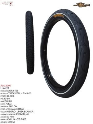 LLANTA 20X2.125 TIPO VITAL  F-141 NEGRO LINEA BLANCA KYLIN - TG BIKE
