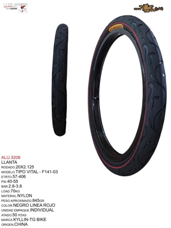 LLANTA 20X2.125 TIPO VITAL  F-141 NEGRO LINEA ROJO KYLIN - TG BIKE