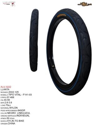 LLANTA 20X2.125 TIPO VITAL  F-141 NEGRO LINEA AZUL  KYLIN - TG BIKE