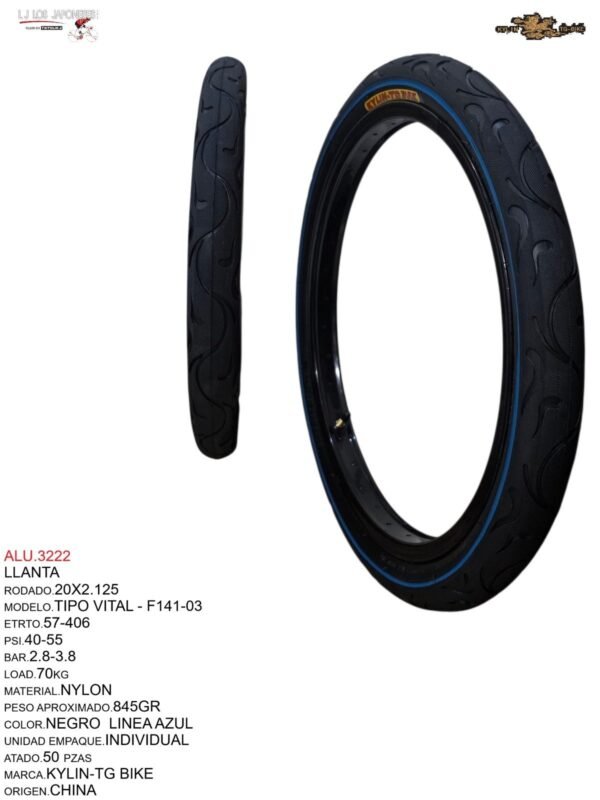 LLANTA 20X2.125 TIPO VITAL  F-141 NEGRO LINEA AZUL  KYLIN - TG BIKE