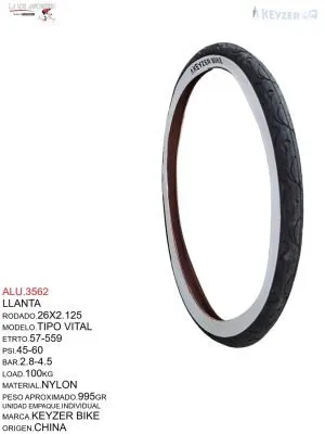 LLANTA 26X2.125 NYLON,  NEGRO CARA BLANCA