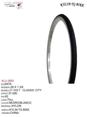 ALU.3683 LLANTA 26X1 3/8 NEGRO/BLANCO KYLIN F-103