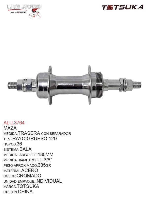 ALU.3764-2 MAZA TRASERA 36 ACERO RAYO GRUESO TOTSUKA CROMADO
