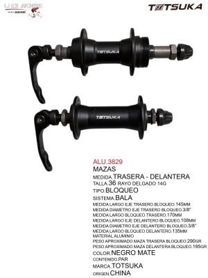 PAR DE MAZAS TRASERA Y DELANTERA DE 36 RAYOS BLOQUEO 3/8 COLOR NEGRO MATE