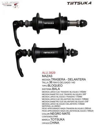 ALU.3829 PAR DE MAZAS TRASERA Y DELANTERA DE 36 RAYOS BLOQUEO 3/8 COLOR NEGRO MATE