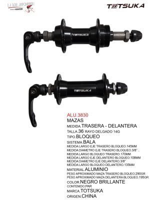 PAR DE MAZAS TRASERA Y DELANTERA DE 36 RAYOS BLOQUEO 3/8 COLOR NEGRO