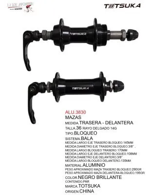 ALU.3830 PAR DE MAZAS TRASERA Y DELANTERA DE 36 RAYOS BLOQUEO 3/8 COLOR NEGRO