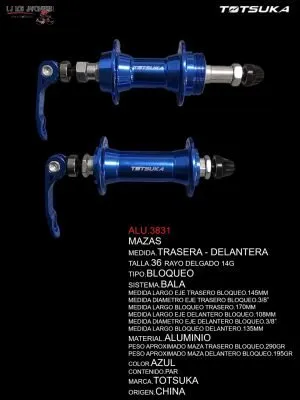 ALU.3831 PAR DE MAZAS TRASERA Y DELANTERA DE 36 RAYOS BLOQUEO 3/8 COLOR AZUL