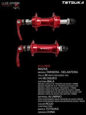 PAR DE MAZAS TRASERA Y DELANTERA DE 36 RAYOS BLOQUEO 3/8 COLOR ROJO