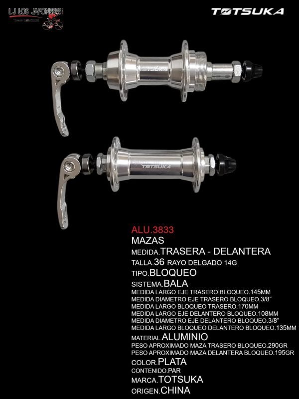 ALU.3833 PAR DE MAZAS TRASERA Y DELANTERA DE 36 RAYOS BLOQUEO 3/8 COLOR ALUMINIO