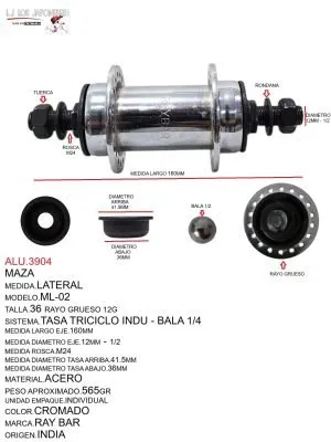 ALU.3904 Maza Lateral 36 triciclo, eje gruedo ML-02 Tasa Bala 1/4