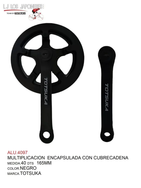 ALU.4097 Multiplicación sencilla para sistema cuadro, estrella de 40DTS, palanca de 170mm, pedal de 9/16. Material plástico/acero encapsulado, color negro, peso 600g (estrella) y 310g (palanca).