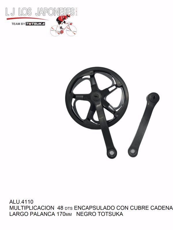 ALU.4110-2 Multiplicación sencilla para sistema cuadro, estrella de 48DTS, palanca de 170mm, pedal de 9/16. Material plástico/acero encapsulado, color negro, peso 655g (estrella) y 330g (palanca).