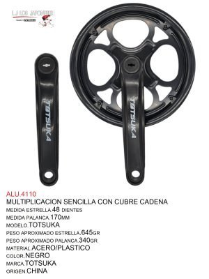 Multiplicación sencilla para sistema cuadro, estrella de 48DTS, palanca de 170mm, pedal de 9/16. Material plástico/acero encapsulado, color negro, peso 655g (estrella) y 330g (palanca).