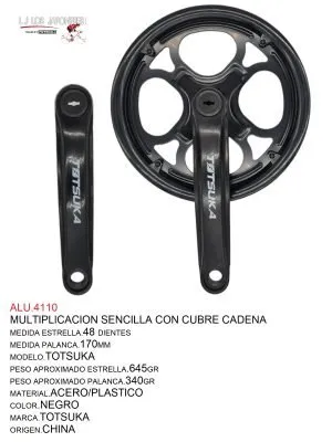 ALU.4110 Multiplicación sencilla para sistema cuadro, estrella de 48DTS, palanca de 170mm, pedal de 9/16. Material plástico/acero encapsulado, color negro, peso 655g (estrella) y 330g (palanca).