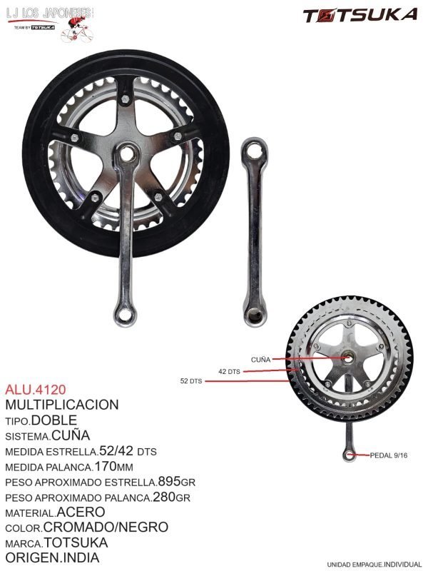 ALU.4120 Multiplicación doble con sistema de cuña, estrella de 52/42DTS, palanca de 170mm, pedal de 9/16. Material acero, color cromado/negro, peso 895g (estrella) y 280g (palanca).