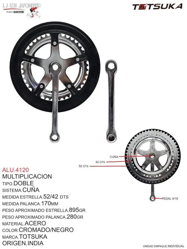 Multiplicación doble con sistema de cuña, estrella de 52/42DTS, palanca de 170mm, pedal de 9/16. Material acero, color cromado/negro, peso 895g (estrella) y 280g (palanca).