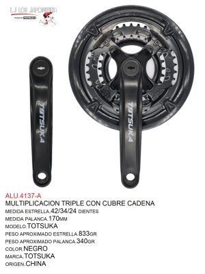 Multiplicación triple para sistema cuadro, estrella de 42/34/24DTS, palanca de 170mm, pedal de 9/16. Material plástico/acero encapsulado, color negro, peso 795g (estrella) y 350g (palanca).