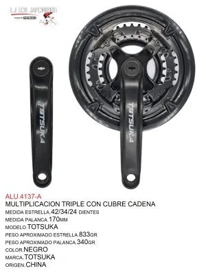 ALU.4137 Multiplicación triple para sistema cuadro, estrella de 42/34/24DTS, palanca de 170mm, pedal de 9/16. Material plástico/acero encapsulado, color negro, peso 795g (estrella) y 350g (palanca).