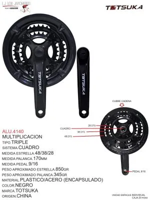 ALU.4140 Multiplicación triple para sistema cuadro, estrella de 48/38/28DTS, palanca de 170mm, pedal de 9/16. Material plástico/acero encapsulado, color negro, peso 850g (estrella) y 345g (palanca).