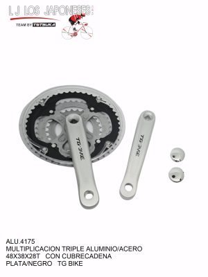 Multiplicación triple para sistema cuadro, estrella de 48/38/28DTS, palanca de 170mm, pedal de 9/16. Material acero/aluminio/plástico, color plata/negro, peso 705g (estrella) y 225g (palanca).