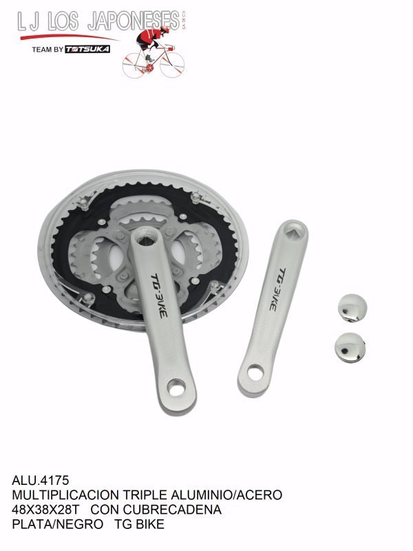ALU.4175 Multiplicación triple para sistema cuadro, estrella de 48/38/28DTS, palanca de 170mm, pedal de 9/16. Material acero/aluminio/plástico, color plata/negro, peso 705g (estrella) y 225g (palanca).