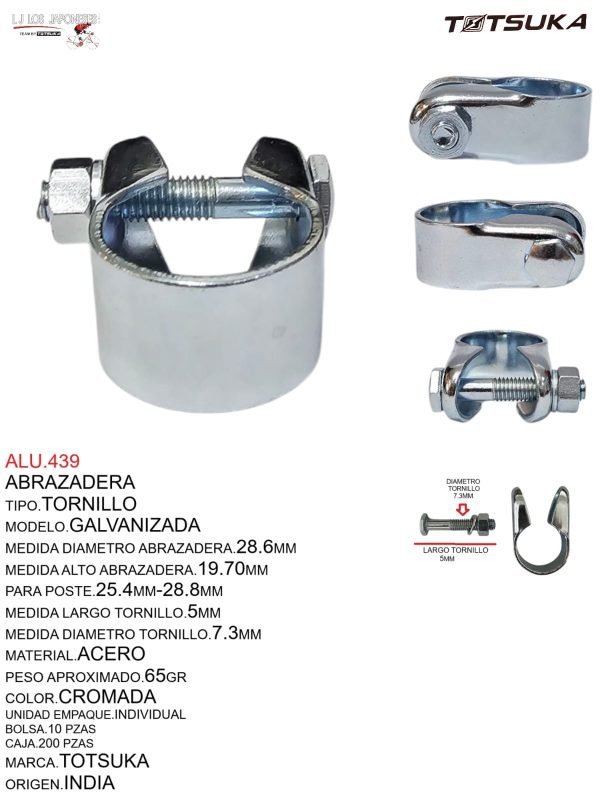 ALU.439 ABRAZADERA TORNILLO ACERO GALVANIZADA 28.6 CROMADA TOTSUKA
