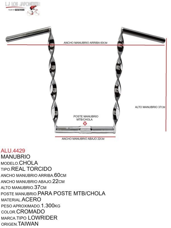 ALU.4429 MANUBRIO MODELO.CHOLA, TIPO.REAL TORCIDO, PARA POSTE MTB/CHOLA