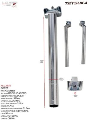 POSTE ASIENTO ALUMINIO 27.2X300MM PLATA TOTSUKA