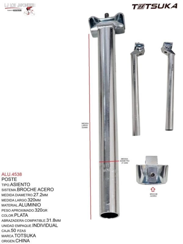 POSTE ASIENTO ALUMINIO 27.2X300MM PLATA TOTSUKA