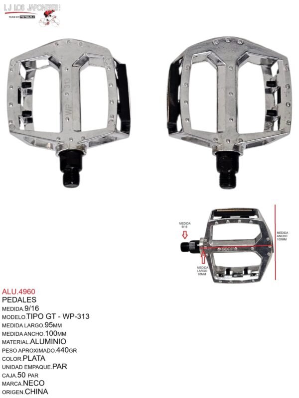 ALU.4960 PEDAL 9/16 T/GT WP-313 ALUMINIO PLATA NECO - CHINA