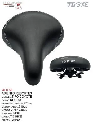 ALU.56 Asiento Resorte Tipo Coyote. Asiento diseñado para proporcionar una comodidad superior con un soporte de resorte robusto. Medida de largo: 245mm, ancho: 215mm. Fabricado con vinil de alta calidad en color negro, con un peso aproximado de 545g. Marca Totsuka, origen China. Ideal para bicicletas de paseo y urbanas.