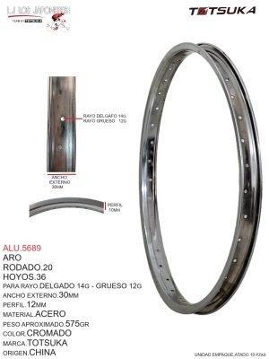 Aro Rodado 20, 36 Hoyos, Para Rayo Delgado 14G - Grueso 12G, Ancho Externo 30mm, Perfil 12mm, Material Acero, Peso Aproximado 0.575kg, Color Cromado, Marca Totsuka
