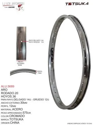 Aro Rodado 20, 36 Hoyos, Para Rayo Delgado 14G - Grueso 12G, Ancho Externo 30mm, Perfil 12mm, Material Acero, Peso Aproximado 0.575kg, Color Cromado, Marca Totsuka