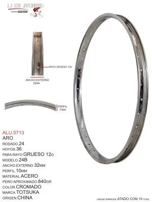 Aro Rodado 24, 36 Hoyos, Para Rayo Delgado 14G - Grueso 12G, Modelo 24B, Ancho Externo 32mm, Perfil 10mm, Material Acero, Peso Aproximado 0.840kg, Color Cromado, Marca Totsuka