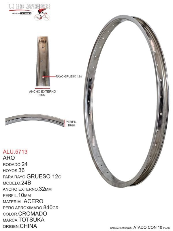 Aro Rodado 24, 36 Hoyos, Para Rayo Delgado 14G - Grueso 12G, Modelo 24B, Ancho Externo 32mm, Perfil 10mm, Material Acero, Peso Aproximado 0.840kg, Color Cromado, Marca Totsuka