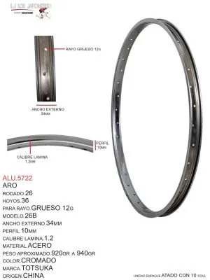 Aro Rodado 26, 36 Hoyos, Para Rayo Delgado 14G - Grueso 12G, Modelo 26B, Ancho Externo 34mm, Perfil 10mm, Calibre Lámina 1.2, Material Acero, Peso Aproximado 0.920kg a 0.940kg, Color Cromado, Marca Totsuka