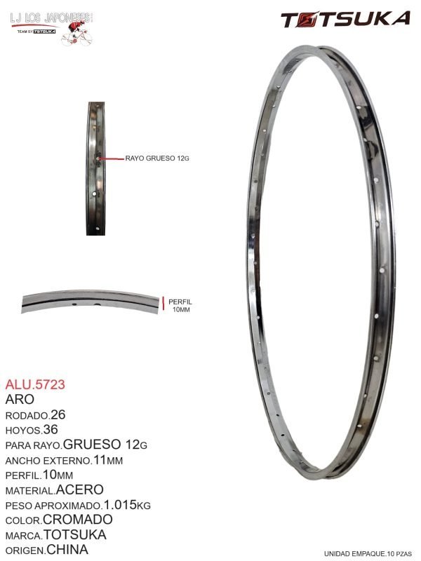 Aro Rodado 26, 36 Hoyos, Para Rayo Grueso 12G, Ancho Externo 11mm, Perfil 10mm, Material Acero, Peso Aprox. 1.015kg, Color Cromado, Marca Totsuka