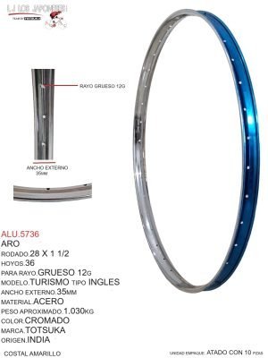 Aro Rodado 28 x 1 1/2, 36 Hoyos, Para Rayo Grueso 12G, Modelo Turismo Tipo Inglés, Ancho Externo 35mm, Material Acero, Color Cromado, Marca Totsuka, Origen India