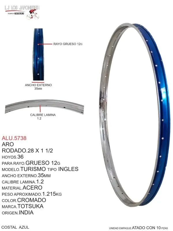 Aro Rodado 28 x 1 1/2, 36 Hoyos, Para Rayo Grueso 12G, Modelo Turismo Tipo Inglés, Ancho Externo 35mm, Calibre Lámina 1.2, Material Acero, Color Cromado, Marca Totsuka, Origen India