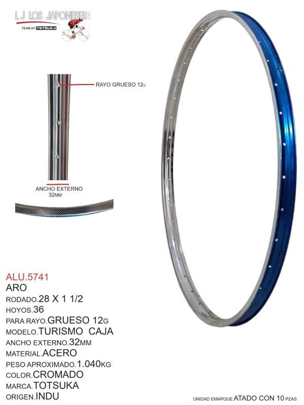 ALU.5741 Aro Rodado 28 x 1 1/2, 36 Hoyos, Para Rayo Grueso 12G, Modelo Turismo Caja, Ancho Externo 32mm, Material Acero, Color Cromado, Marca Totsuka, Origen India