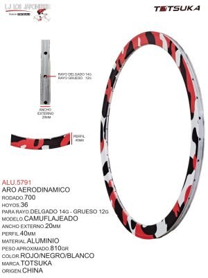 Aro Aerodinámico Rodado 700, 36 Hoyos, Para Rayo Delgado 14G - Grueso 12G, Modelo Camuflajeado, Ancho Externo 20mm, Perfil 40mm, Material Aluminio, Peso Aprox. 810g, Color Rojo/Negro/Blanco, Marca Totsuka